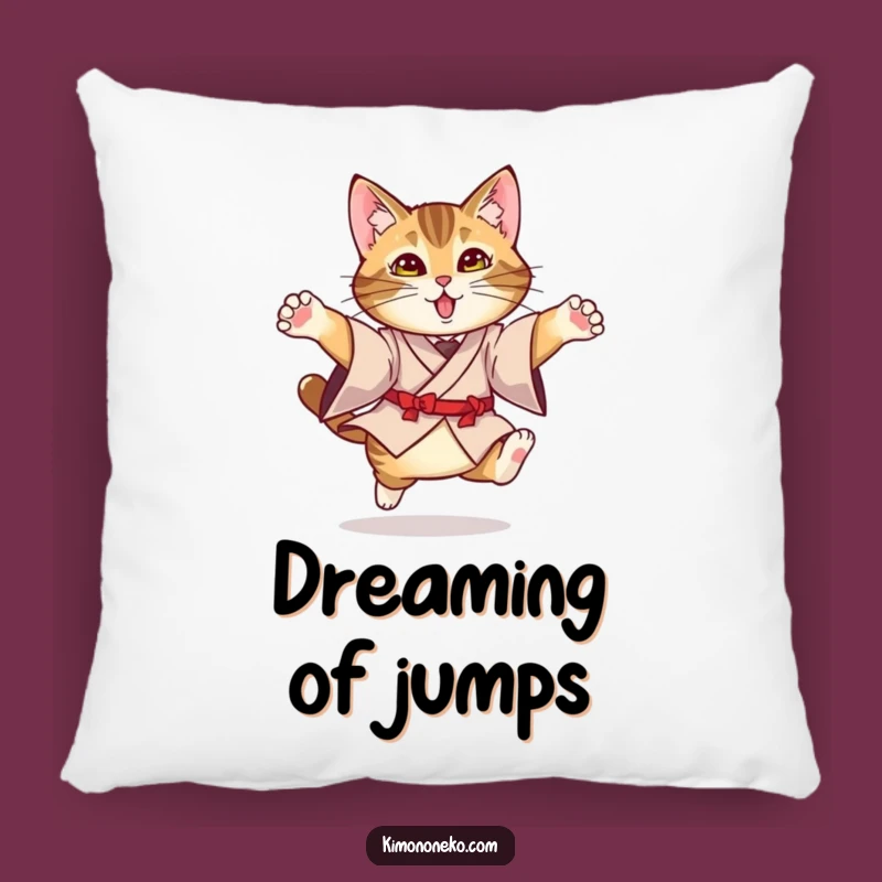 Funny Kimono Cat Pillow: Cozy Tabby Performing a Funny Leap Cushion