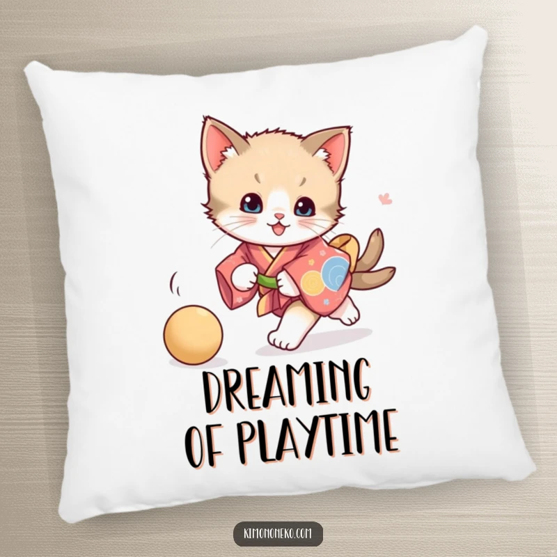 Funny playful kitten kimono pillow, featuring a kitten chasing a ball, providing comfort and a touch of vibrant, energetic feline fun.