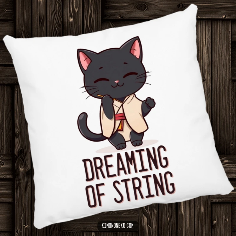 Funny Black Cat Kimono Pillow: A soft pillow featuring a Kawaii black cat in a simple kimono, playfully batting at a string.