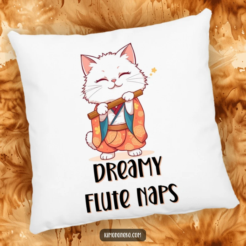 Funny White Cat Pillow: A fluffy white cat in a vibrant kimono playfully holds a flute, ready for a cozy concert.