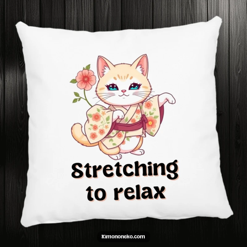 Funny pillow design of an artistic cat in a floral kimono, stretching with royal posture.