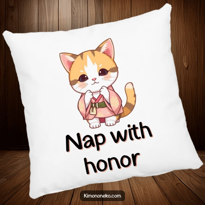 Funny Calico Cat Kimono Pillow: A soft and cuddly pillow featuring a Kawaii cat in a festive kimono, bowing adorably.