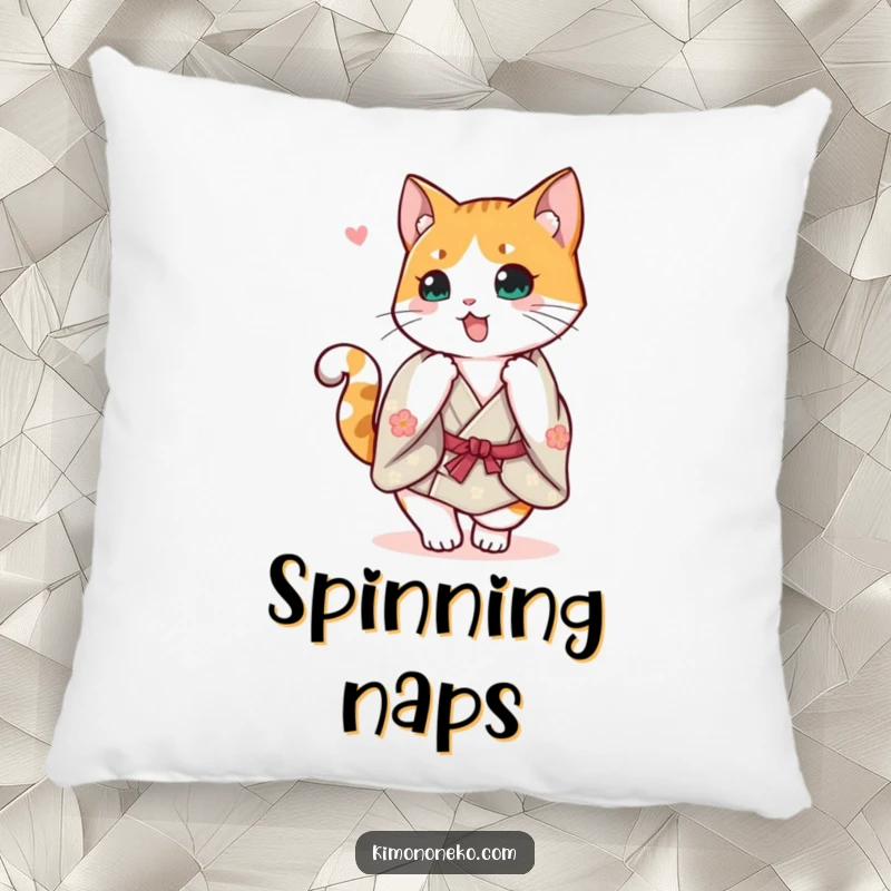 Funny Calico Cat Kimono Pillow: A cheerful calico cat in a kimono doing a happy spin with its tail up, soft and joyful.