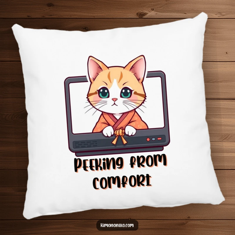 Funny curious cat in a bright kimono peeking from behind screens, printed on a soft and cozy decorative pillow.