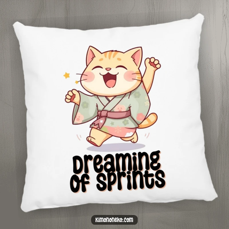 Funny Joyful Cat Kimono Pillow with a happy cat in vibrant kimono in a silly chase, offering cozy charm and humor.