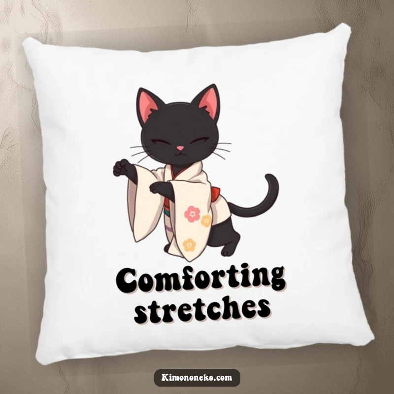 Funny pillow featuring a sleek kawaii black cat in a detailed kimono, stretching with elegant grace, perfect for adding comfort and sophistication.