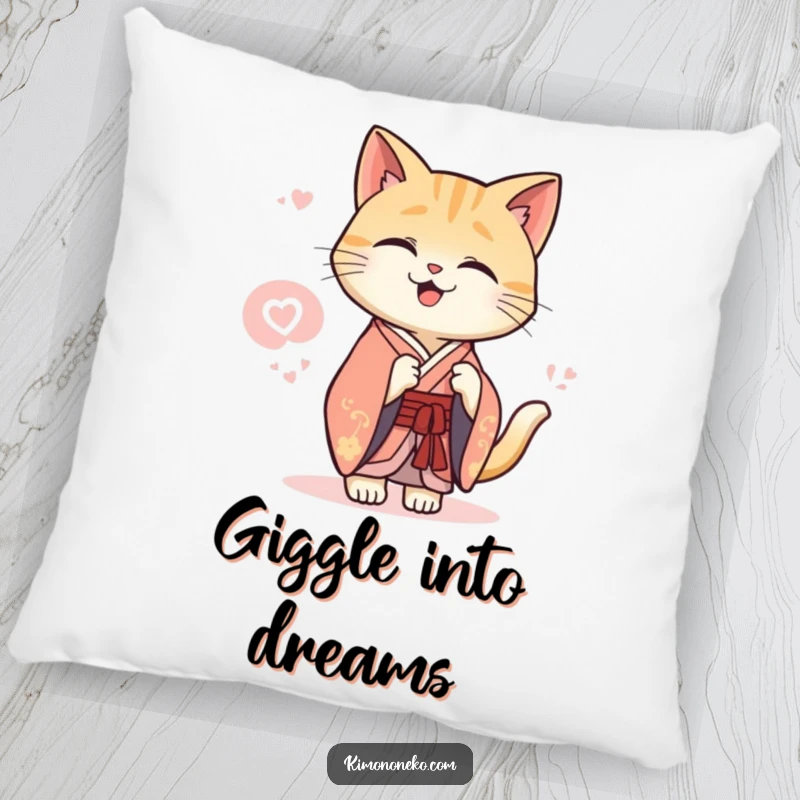 Funny Kawaii cat in an elegant kimono sharing a secret giggle, soft decorative pillow, charming accent.