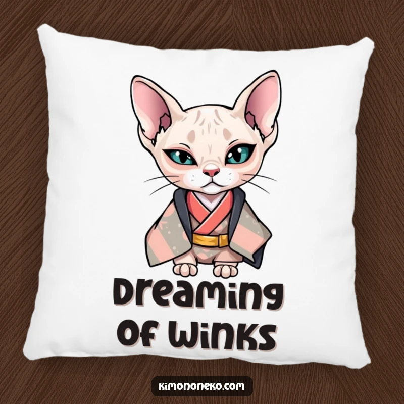 Funny Kawaii Sphynx cat in cool kimono giving a wink, stylish anime pillow, gift.