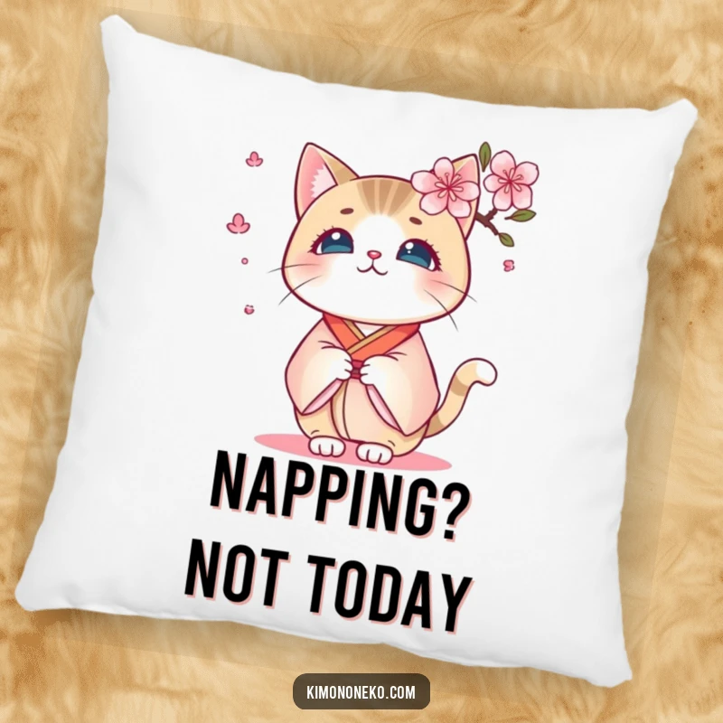 Funny Kimono Cat Pillow: A surprised kawaii cat in a kimono, reacting to a fluttering cherry blossom, making a cozy funny gift.