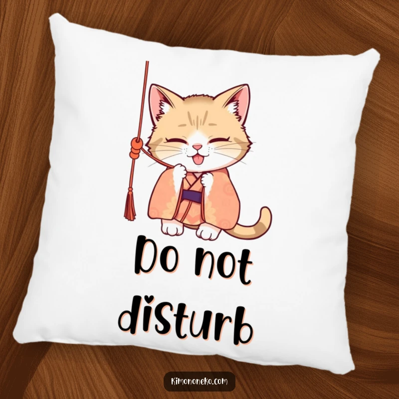 Funny pillow featuring a mischievous cat in a patterned kimono, caught in the act of batting at a dangling silk cord, offering cozy, humorous charm.