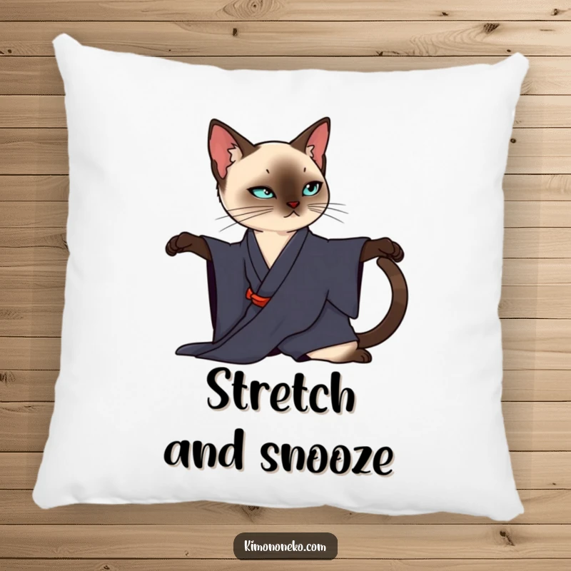 Funny Siamese Cat Pillow: A sleek Siamese cat in a dark kimono elegantly stretches, offering plush, chic comfort.