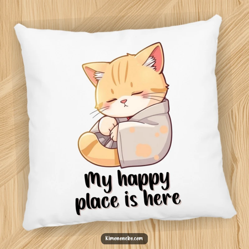Funny decorative pillow showcasing a sleepy cat in a kimono, curled up in a sunbeam, offering cozy comfort and humor.
