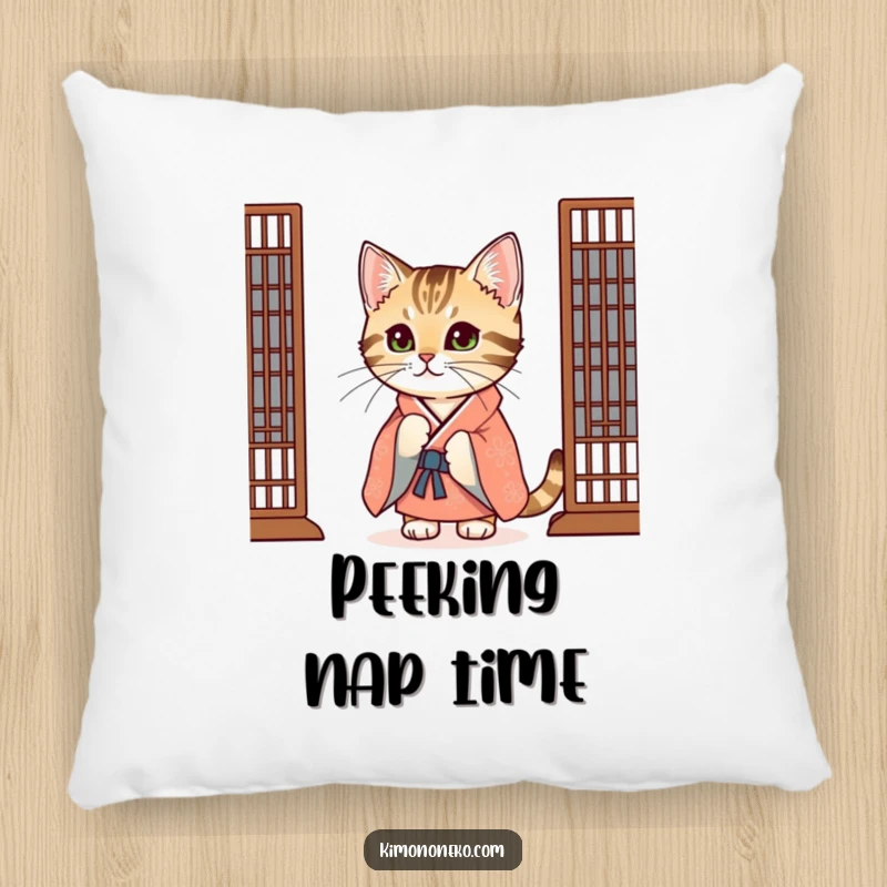 Funny Tabby Cat Pillow: A curious tabby cat in a festive kimono peeks from behind a screen, offering soft, playful comfort.