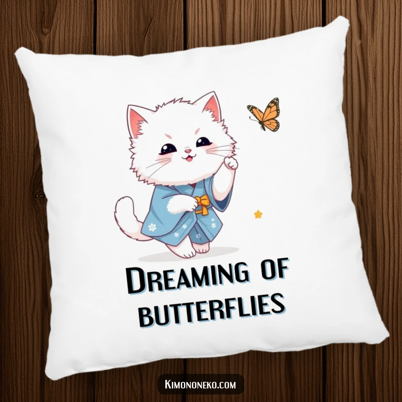 Funny fluffy white kawaii cat in a blue kimono playfully chasing a butterfly, a soft and humorous decorative pillow for ultimate comfort.