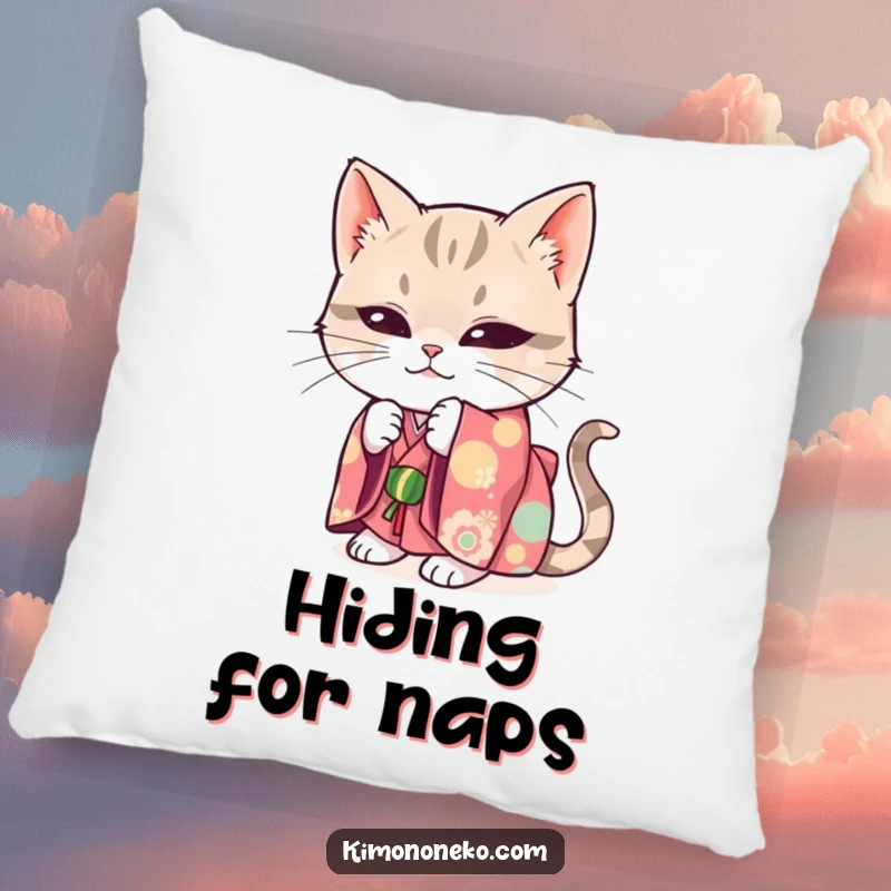Funny pillow design of a mischievous cat in a bright kimono, hiding playfully.