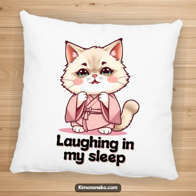 Funny Kawaii Ragdoll cat in soft kimono practicing funny expression, cute anime pillow, gift.