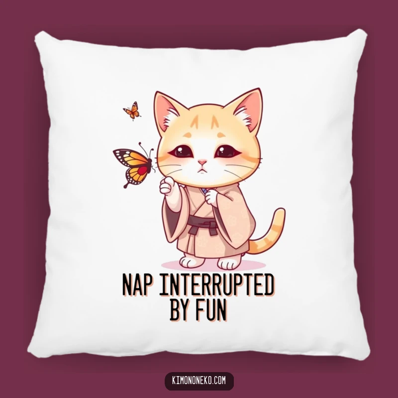 Funny Cat Kimono Pillow: Playful Kitty Batting Butterfly - Comfy Accent