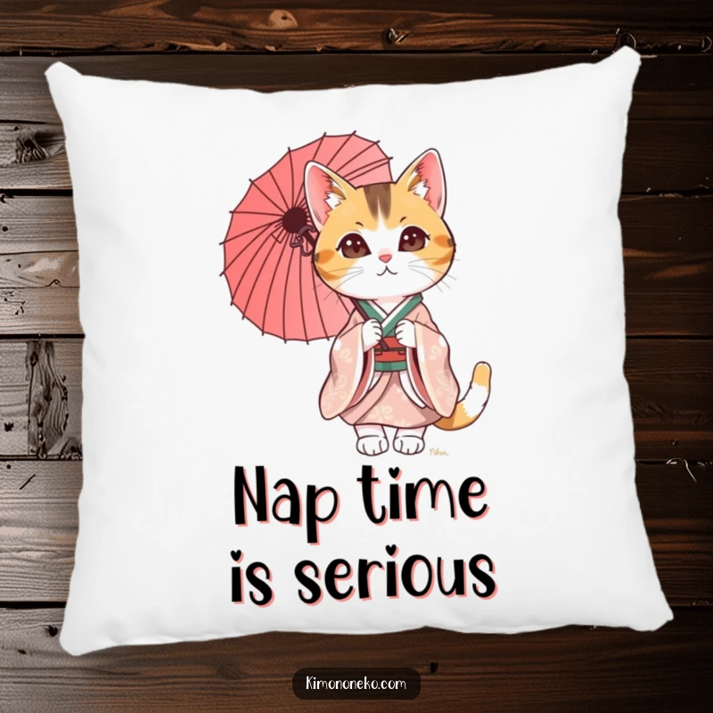 Funny Calico Cat Pillow with a charming cat in a kimono, holding a parasol. Soft, comforting, and hilariously stylish.