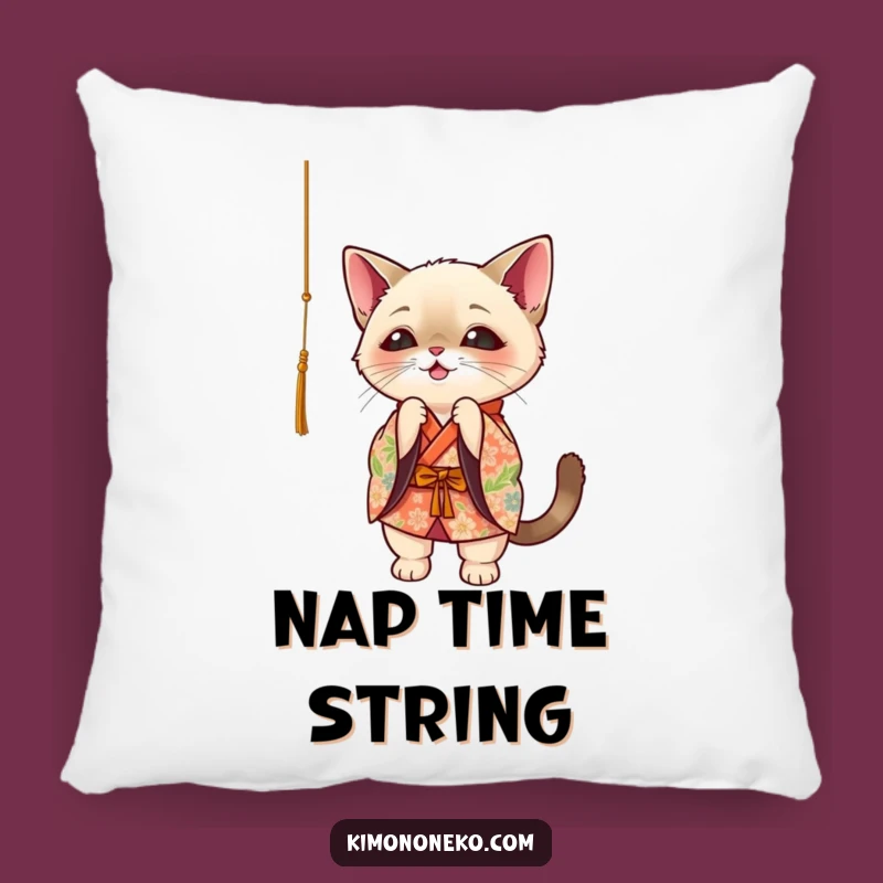 Funny Siamese Cat Kimono Pillow: Playful Kawaii Oriental Cat Batting String Cushion