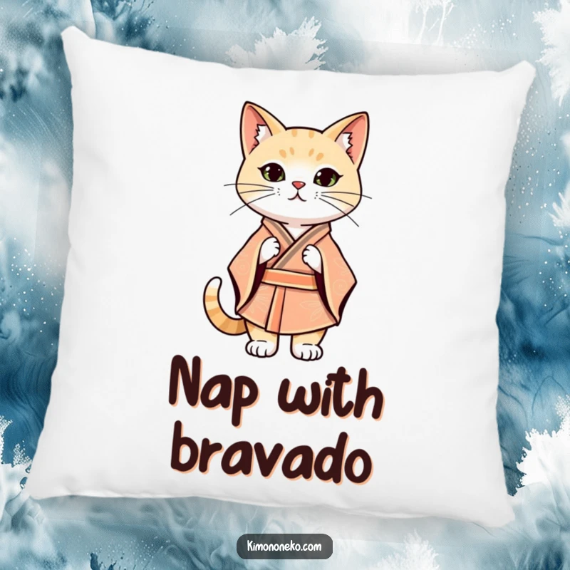 Funny Kawaii cat in a stylized kimono striking a confident stance, soft decorative pillow, stylish accent.