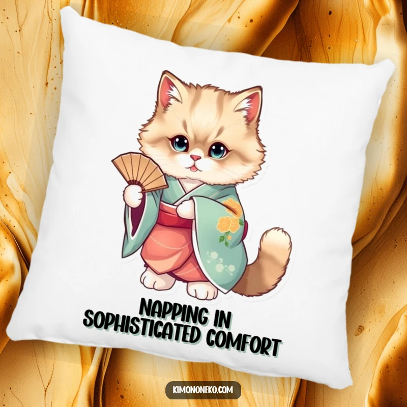 Funny throw pillow featuring a fluffy cat in a vibrant kimono posing with a fan.