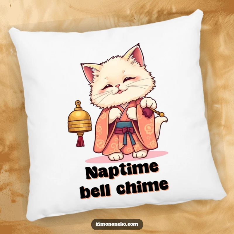Funny pillow featuring a fluffy kawaii cat in a detailed kimono, playfully batting at a small bell, perfect for adding comfort and cuteness.
