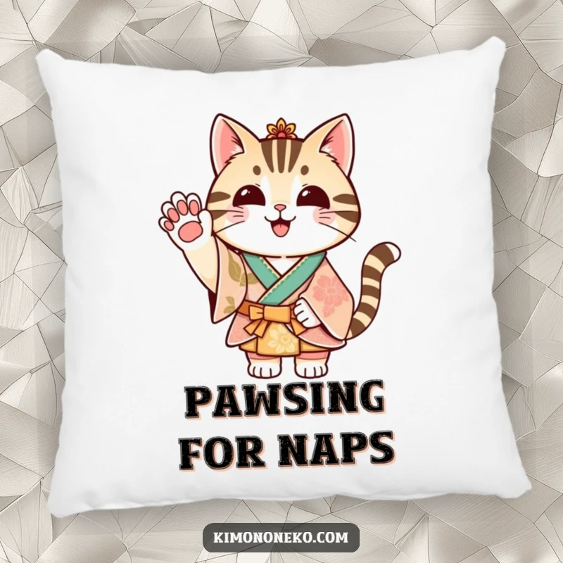 Funny striped cat in a festive kimono waving its paw, printed on a soft and cozy decorative pillow.