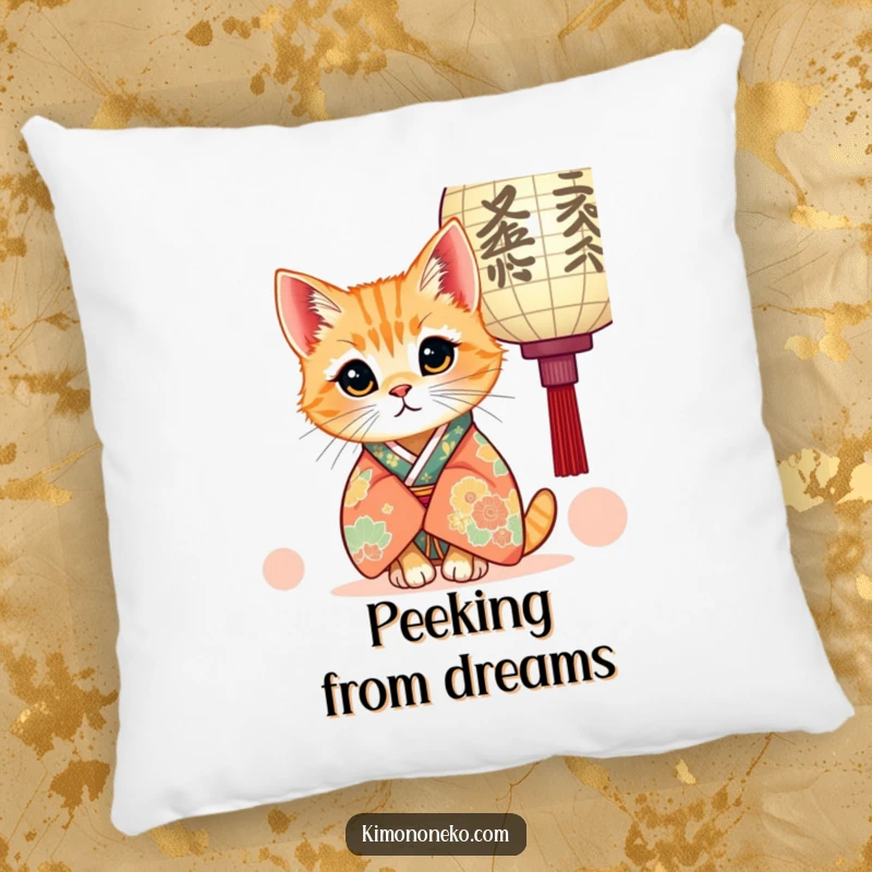 Funny pillow featuring a kawaii ginger cat in a detailed kimono, curiously peeking from behind a paper lantern, perfect for comfort and charm.