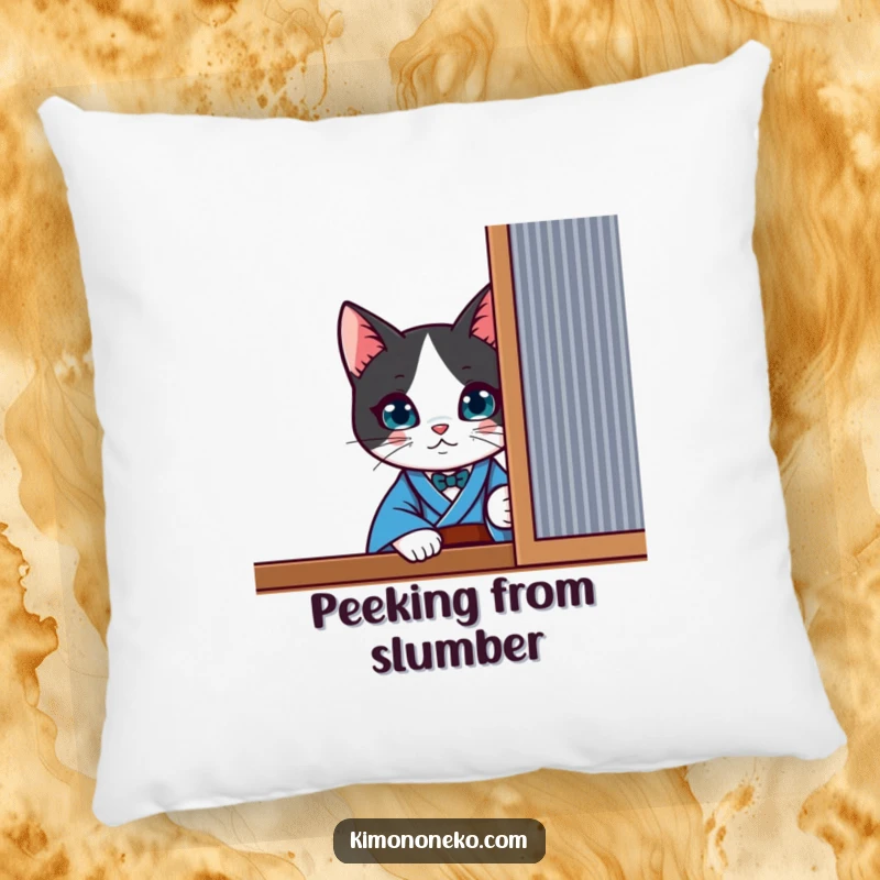 Funny curious kawaii tuxedo cat in a blue kimono, peeking from behind a screen, as a plush decorative pillow.