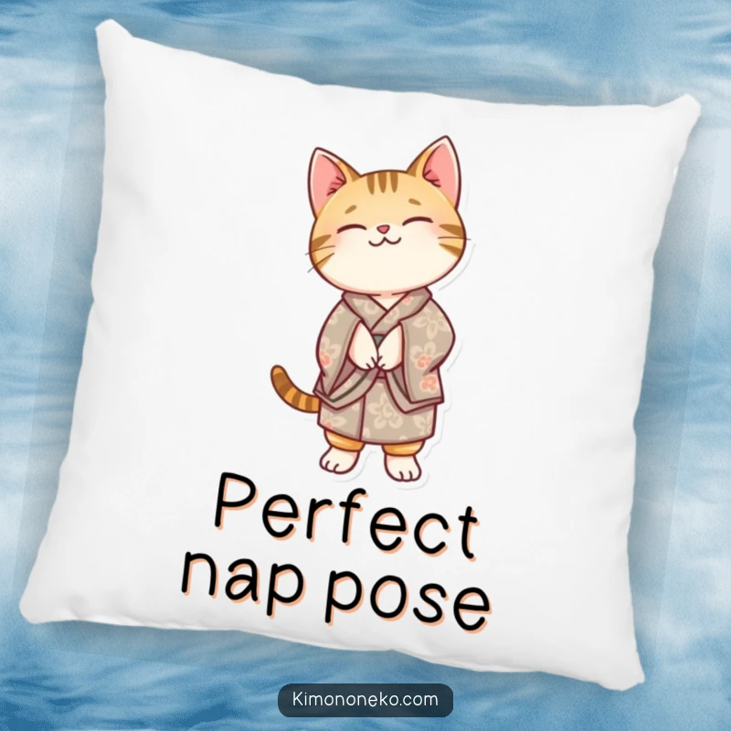 Funny Kawaii tabby cat in a patterned kimono, balancing on its hind legs, featured on a soft pillow for comfort and decor.