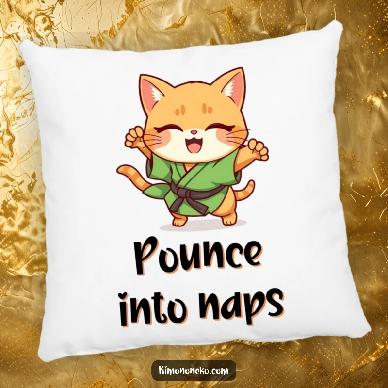 Funny ginger cat in green kimono, performing a sudden pounce, kawaii style pillow.