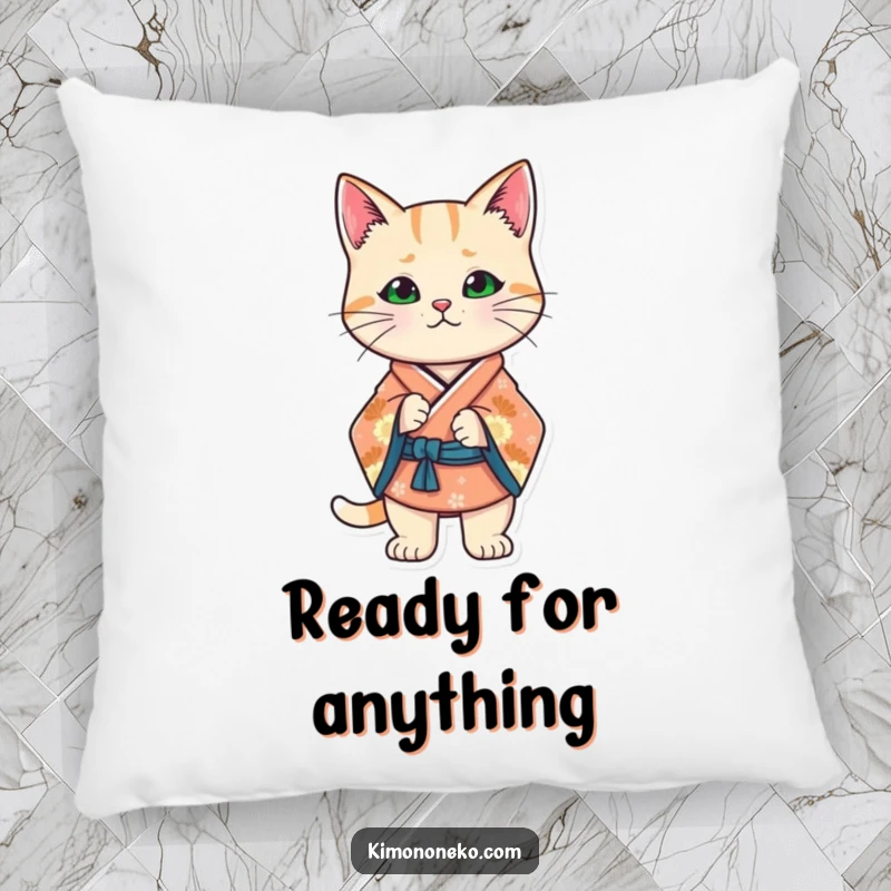 Funny Kawaii cat in a stylized kimono, striking a confident stance, plush comfort with a side of sass.