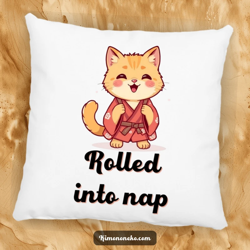Funny ginger cat in a casual kimono doing a happy roll, printed on a soft and cozy decorative pillow.