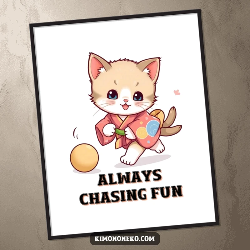 Funny playful kitten kimono digital art print of a kitten chasing a ball, offering vibrant and energetic feline humor for any decor.