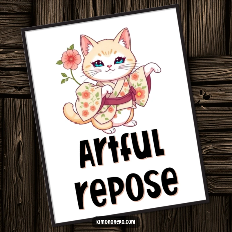 Funny digital art print of an artistic cat wearing a floral kimono, stretching regally.