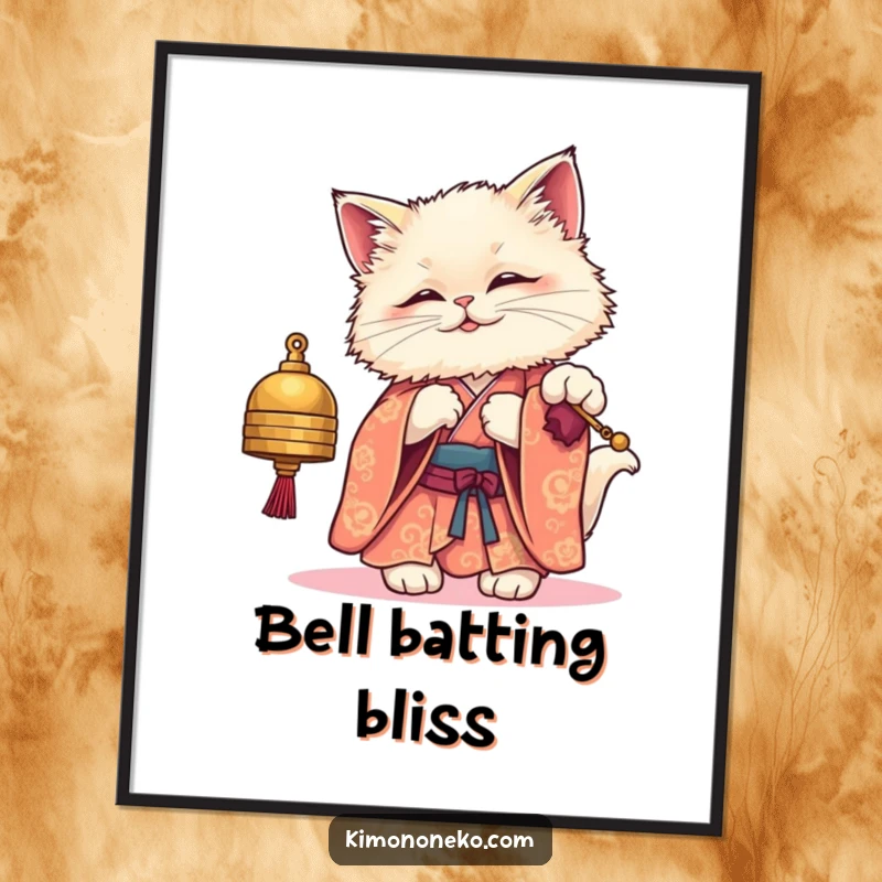 Funny digital art print of a fluffy kawaii cat in a kimono, playfully batting at a bell, perfect for cute and charming decor.