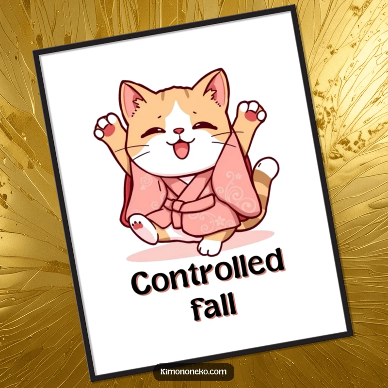 Funny Kawaii cat in a whimsical kimono doing a clumsy somersault, digital art, printable wall decor.