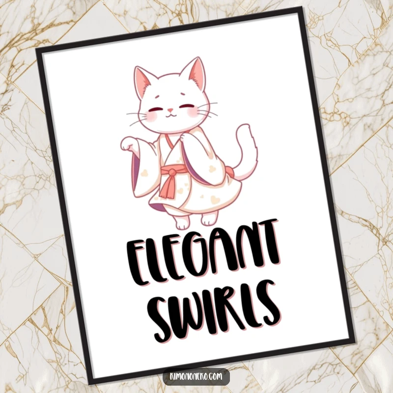 Funny White Cat Kimono Digital Art Print: A Kawaii white cat in a flowing kimono twirling gracefully, humorous downloadable art.