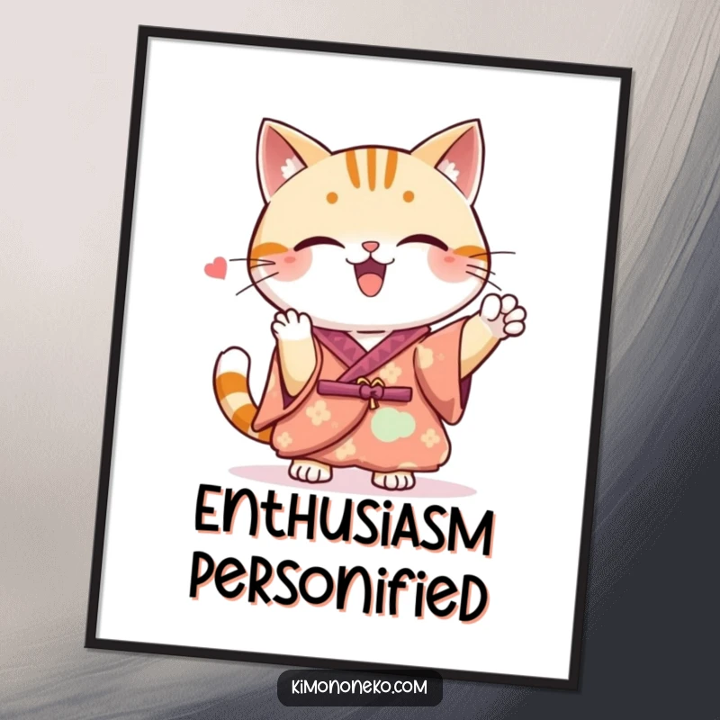 Funny Kawaii cat illustration in a beautiful kimono, cheering with spirit, a vibrant digital art print.