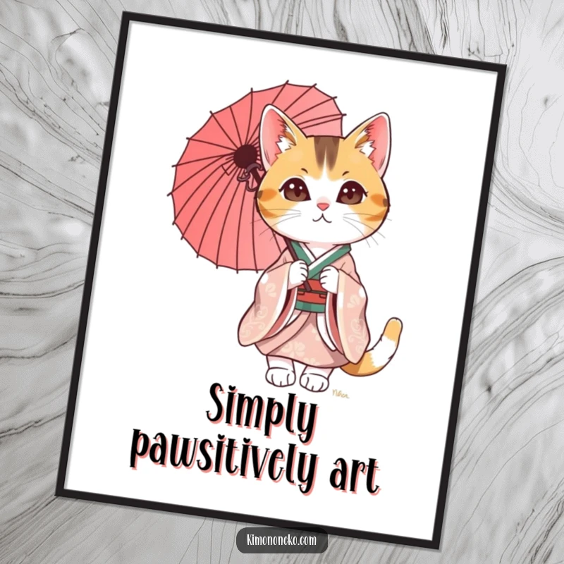 Funny Calico Cat Digital Art Print of a cat in a kimono, holding a parasol. This high-resolution artwork offers instant humorous decor.