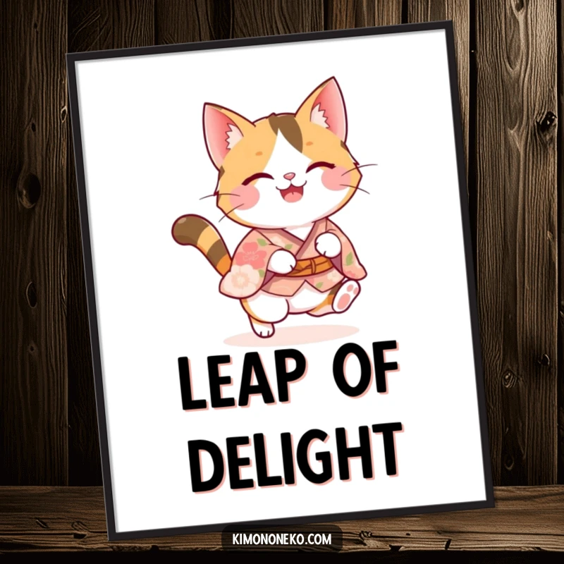 Funny calico kawaii cat in a floral kimono doing a joyful pounce, vibrant digital art capturing playful energy and humor.