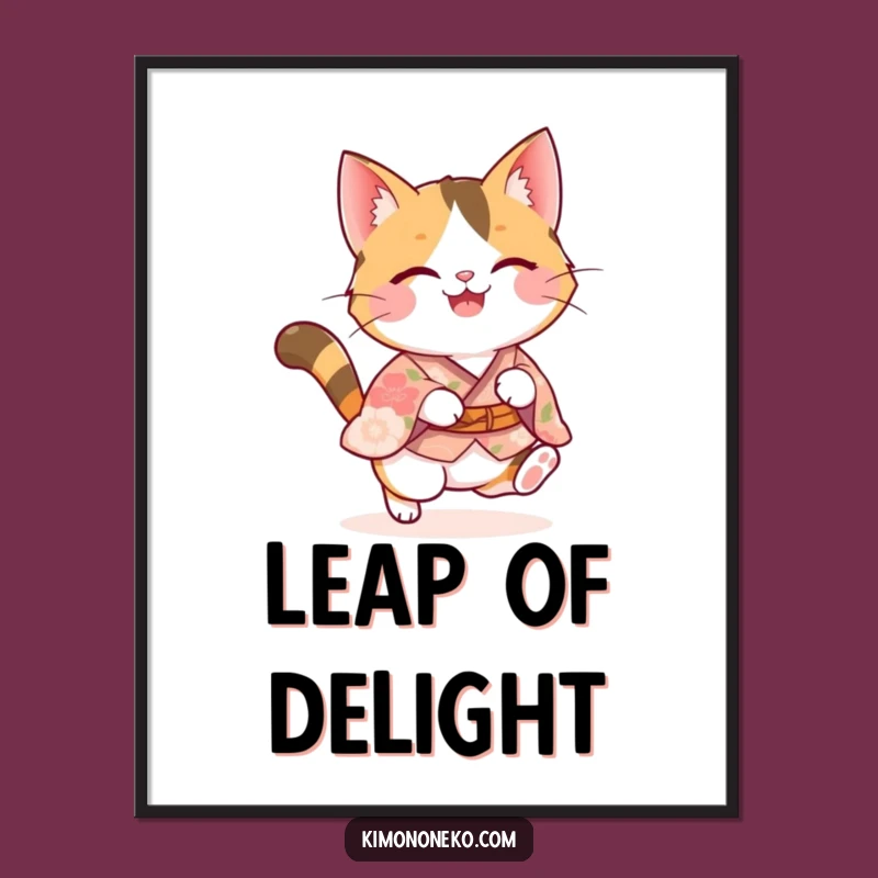 Funny Calico Cat Pounce Digital Art: Kawaii Kitty in Floral Kimono - Instant Joy Gift!