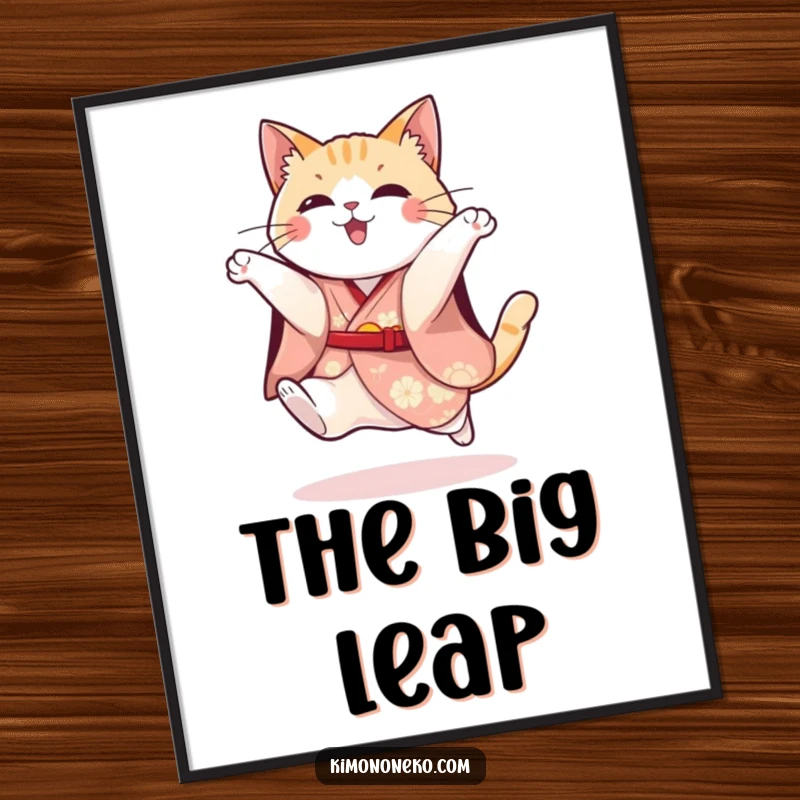 Funny digital art print of a playful cat in a festive kimono leaping energetically, perfect for dynamic and humorous decor.
