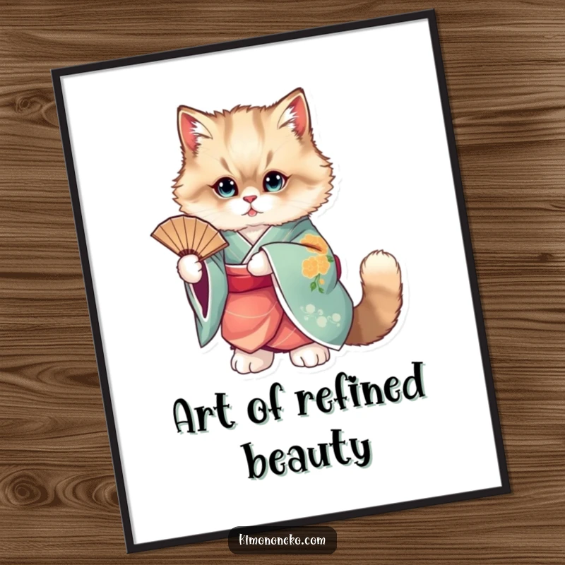 Funny digital art print of a fluffy cat elegantly dressed in a vibrant kimono, holding a fan.