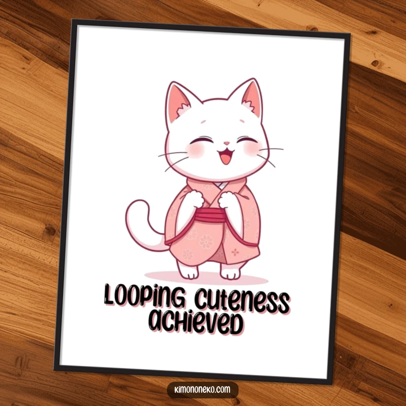 Funny Kawaii Cat Digital Art: A giggling white cat in a pink kimono is depicted in a humorous, playful loop, chasing its tail.