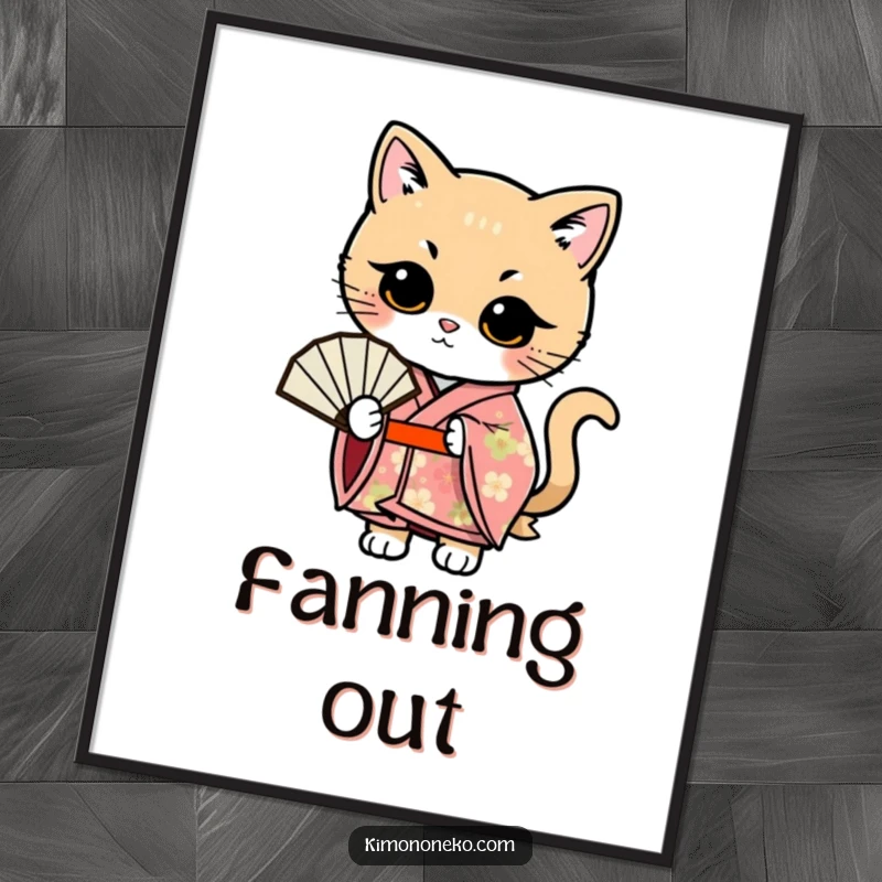 Funny Kawaii cat illustration in a floral kimono, posing artfully with a fan, downloadable funny art.