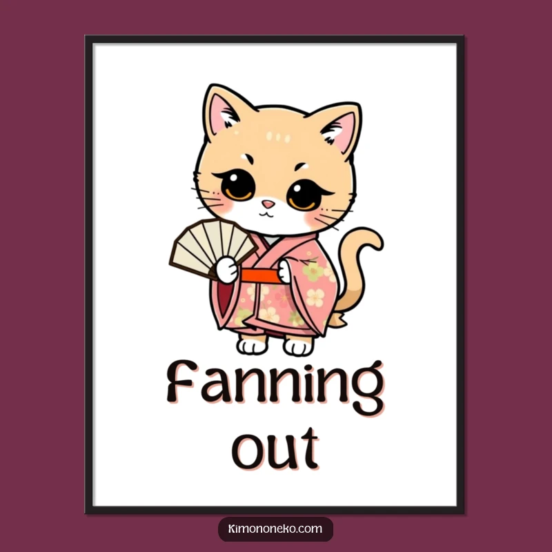 Funny Kawaii Cat Fan Digital Print: Floral Kimono Art, Perfect Funny Gift
