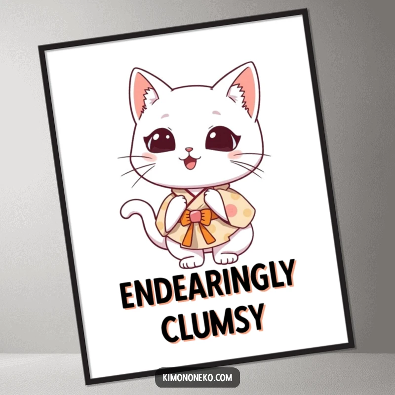 Funny Kawaii cat in a whimsical kimono, doing a clumsy somersault, high-quality digital art for playful interiors.