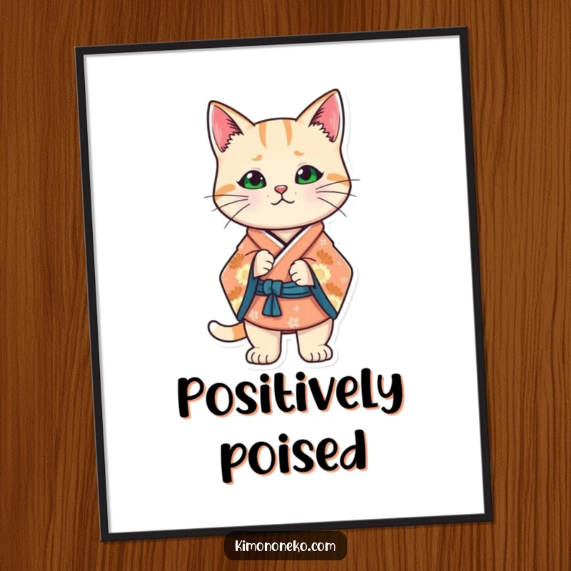 Funny Kawaii cat in a stylized kimono, striking a confident stance, high-quality digital art for bold home decor.