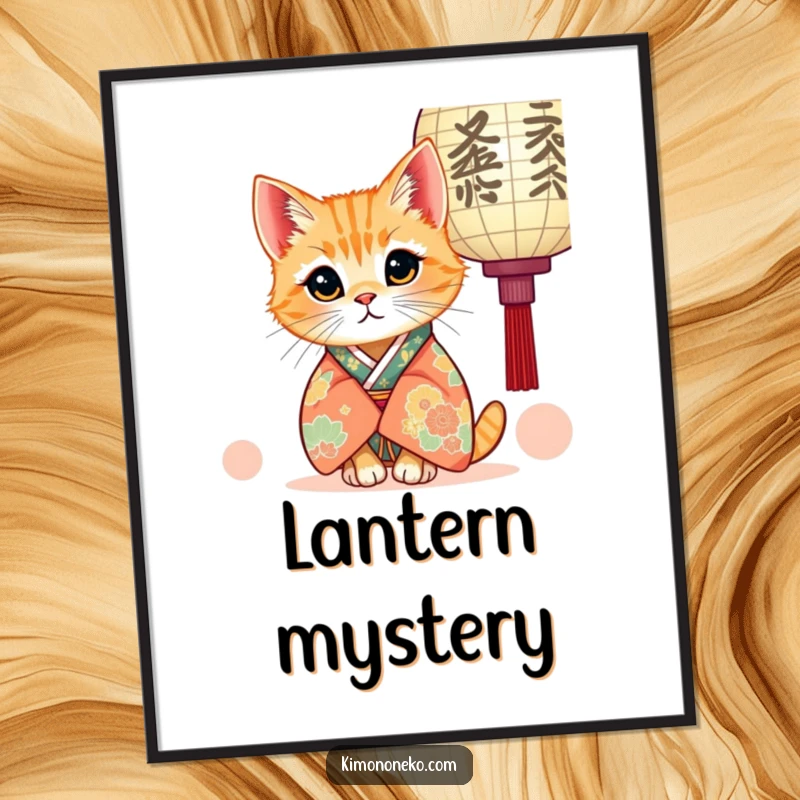 Funny digital art print of a kawaii ginger cat in a kimono, curiously peeking from behind a paper lantern, perfect for charming decor.